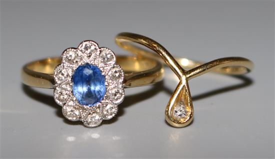 18ct gold, sapphire and diamond cluster ring and an 18ct gold and diamond wire ring